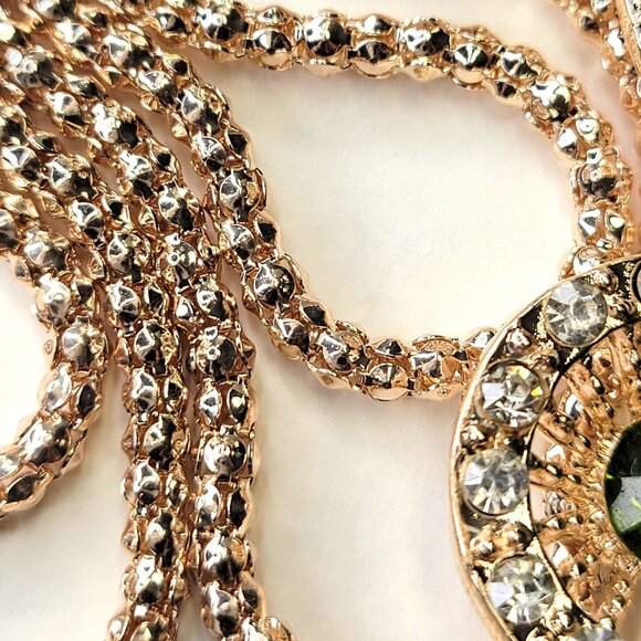 Three Ring Pendant Necklace, Crystal Pendant on a Gold Tone Long Necklace - Picture 2 of 10